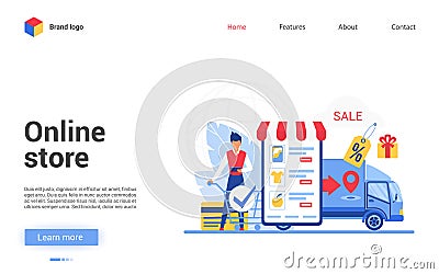 Online store vector illustration, cartoon flat website interface design with man buyer customer character shopping Vector Illustration