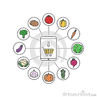 Online store with vegetables. Shopping via application on tablet, vector illustration Vector Illustration