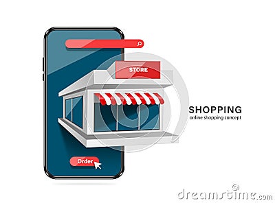 Online stores, search bars, order buttons appear on the front of the smartphone screen for delivery and online shopping design Vector Illustration