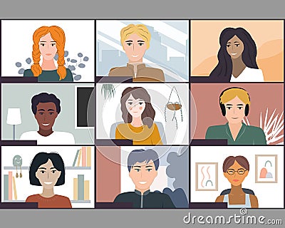 Online students lesson or meeting. Coronavirus quarantine distance education concept. Stay at home vector illustration Vector Illustration