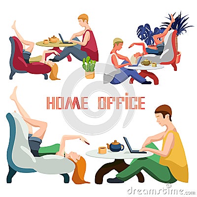 Online studying with home office text on white isolated backdrop Vector Illustration