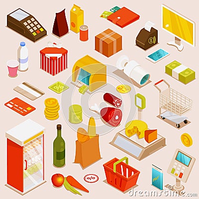 Online supermarket and grocery store isomeric set Vector Illustration