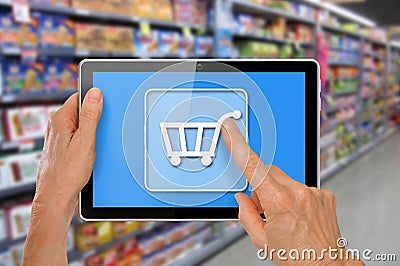 Online Supermarket Shopping Tablet with Hands Stock Photo