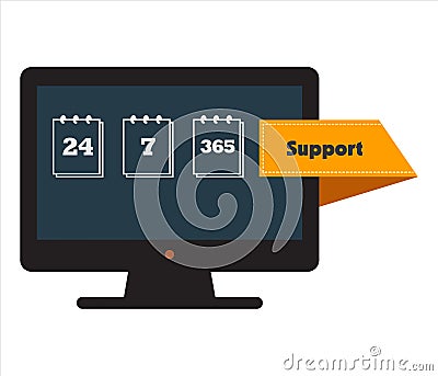 Online Support. 24 7 365 e-commerce service. Concept. Customer Service. Support System. Call center. 24 hours 7 days in 365 days. Vector Illustration