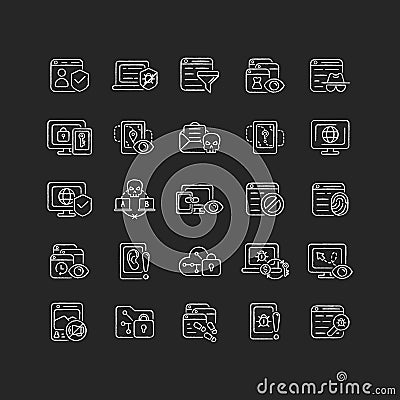 Online surveillance and censorship chalk white icons set on dark background Vector Illustration