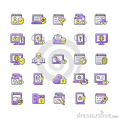 Online surveillance and censorship purple RGB color icons set Vector Illustration