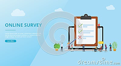 Online survey concept with people and checklist surveys for website template banner design - vector Cartoon Illustration