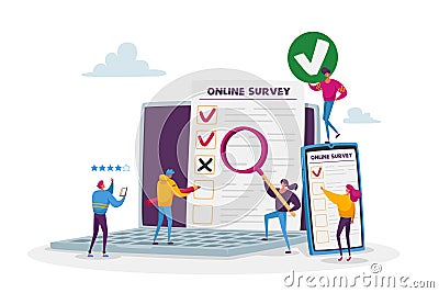 Online Survey Concept. Tiny Male and Female Characters Filling Digital Form on Huge Laptop and Smartphone Application Vector Illustration