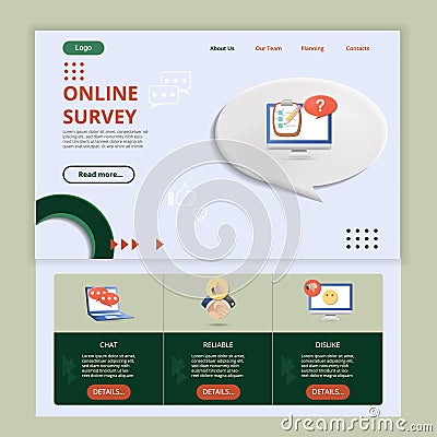 Online survey flat landing page website template. Chat, reliable, dislike. Web banner with header, content and footer Vector Illustration