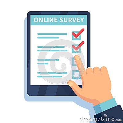 Online survey. Internet surveying, hands holding tablet with test form. Mobile questionnaire, customers voting vector Vector Illustration