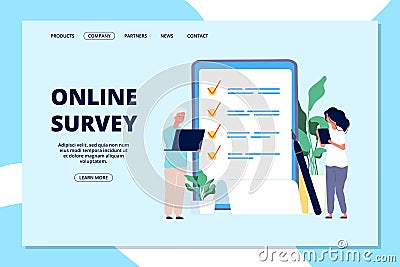 Online survey landing page. Choice list, quality questionnaire. People answering question, business internet marketing Vector Illustration