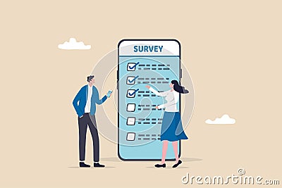 Online survey questionnaire, poll, opinion or customer feedback using internet concept, man and woman using mobile or smartphone Vector Illustration