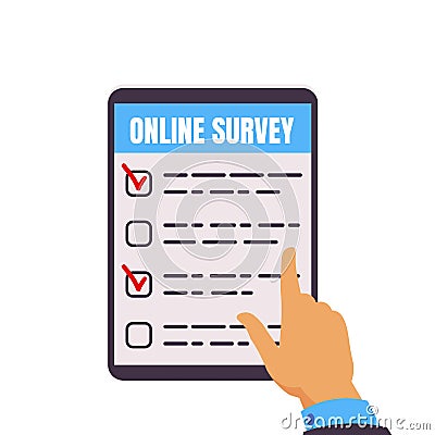 Online survey. Tablet computer with test form. Cartoon hand selecting and ticking right answers on device screen Vector Illustration