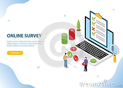 Online survey technology concept with people and laptop with checklist pools for website template banner landing homepage - vector Cartoon Illustration