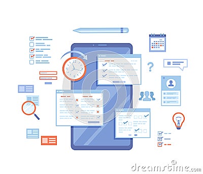 Online Survey Testing Questionnaire. Phone screen with online filling forms and check marks. Vote, checklist, examination Vector Illustration