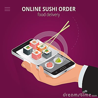 Online sushi. Ecommerce concept order food online website. Fast food sushi delivery online service. Flat 3d isometric Vector Illustration