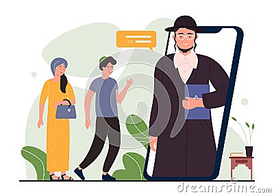 Online Synagogue, cartoon woman man characters meeting online with Jewish rabbi, visiting Synagogue Vector Illustration