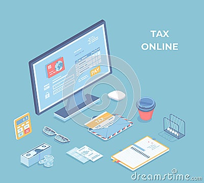 Online tax, bills, invoices paying, accounting. Payment Application Interface on the monitor screen, credit card, documents, bills Vector Illustration