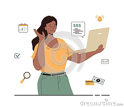 Online tax payment. Government taxation concept. Data analysis, paperwork, financial research, report. Young woman pay tax online Vector Illustration