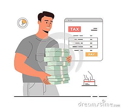 Online tax payment. Government taxation concept.Tax calculation, making income tax return. Personal financial account. Vector Illustration