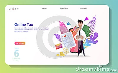 Online tax payment. People filling tax form. Vector Illustration