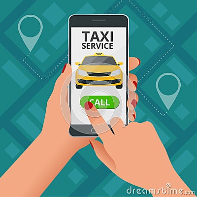 Online Taxi-service concept. Woman orders a taxi from his cell phone. Taxi service application on screen. Vector Vector Illustration