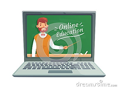 Online teacher education. Professor teach at school blackboard on laptop screen. Remote learning training vector Vector Illustration