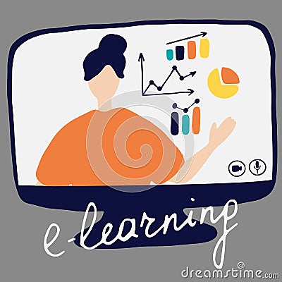 Online teacher explains the charts on monitor. Vector flat illustration for online education, learning, e-learning concept Vector Illustration