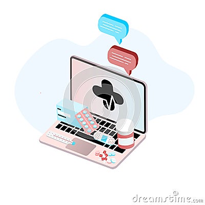 Online tele medicine flat illustration concept. Online medical consultation and treatment via application of computer connected in Cartoon Illustration