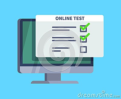Online test. Questionnaire survey form on pc screen. Exam list, computer testing and online quiz vector concept Vector Illustration