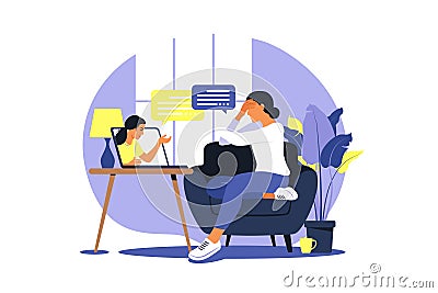 Online therapy and counselling under stress and depression. Young woman psychotherapist supports female with psychological Vector Illustration
