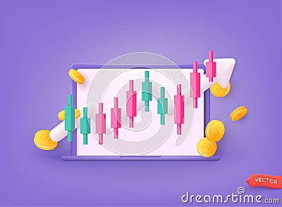 Online trading with computer. Technical analysis candlestick chart. Global stock exchanges index. Forex trading concept. Trading Vector Illustration