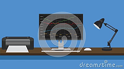 Online trading concept computer pc manage graph and stock report Vector Illustration