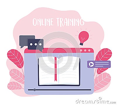 Online training, ebook specialization tutorials, courses knowledge development using internet Vector Illustration