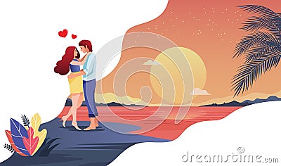 Happy Valentines Day illustration. Romantic honeymoon of loving couple at night under the stars and moon on the beach. Vector Vector Illustration