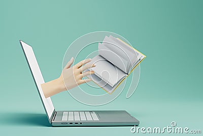 online training. reading e-books. laptop looking for which sticks out hand with a book. 3D render Stock Photo