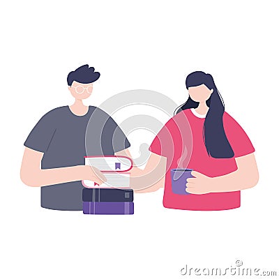 Online training, students girl and boy with books, education and courses learning digital Vector Illustration
