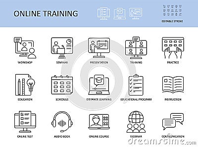 Online training vector icons. Set with editable stroke. Workshop practice guide instruction. Calendar schedule education seminar Vector Illustration