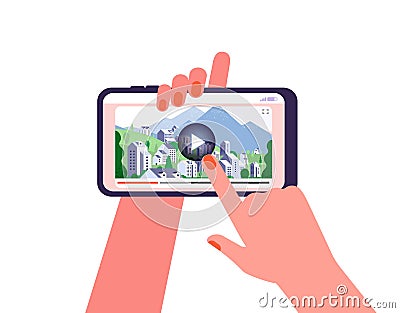 Online travel guide. Video on phone, tourism places review. Woman watch live stream or internet trip illustration Vector Illustration