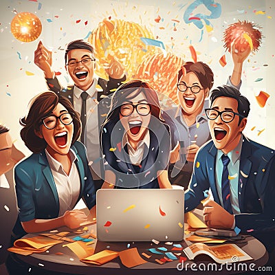 Online Triumphs: Capturing Collective Joy in Virtual Team Celebrations Stock Photo