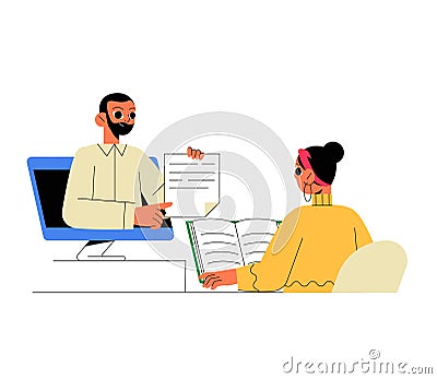 Online Tutor Explaining Document To Student In Flat Vector Illustration Symbolizing Virtual Learning And Remote Vector Illustration