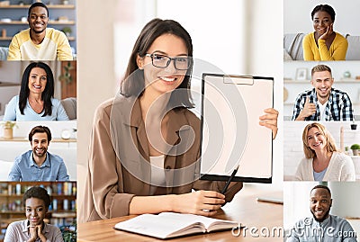 Online Tutoring Concept. Female Tutor Having Virtual Lesson With Group Of Students Stock Photo