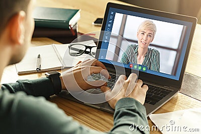 Online Tutoring. Unrecognizable Guy Having Video Call With Teacher, Creative Collage Stock Photo