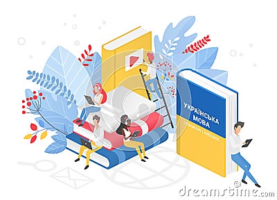 Online Ukrainian language courses isometric 3d illustration. Distance education, remote school, Ukraine university Vector Illustration