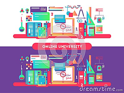 Online university design flat Cartoon Illustration