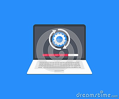 Online Update, Computer setting process, system configure setup logo design. Laptop installing change or hardware customization. Vector Illustration