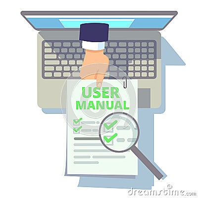 Online user guide. Web manual, hand from laptop screen holding instruction or info. Flat computer with booklet, client Vector Illustration