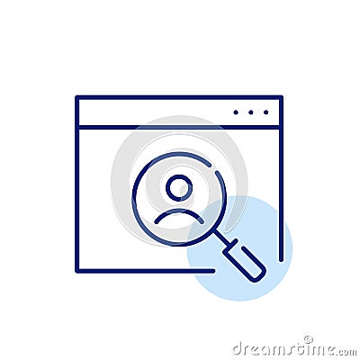 Online user search. Web page with a magnifying glass zooming in on a user. Exploration of user profiles or information Vector Illustration