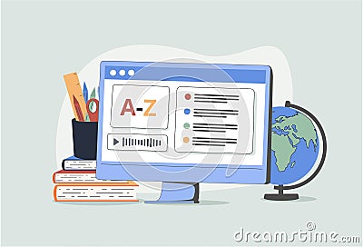 Online vector training illustration set, remote education isolated concepts, laptop screen, book. Digital school Vector Illustration