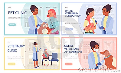 Online veterinary services and pet clinic banners, flat vector illustration. Vector Illustration